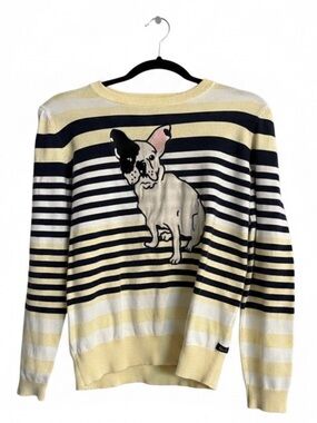 Striped Yellow & Navy Sweater French bull dog Dog print over butter yellow navy